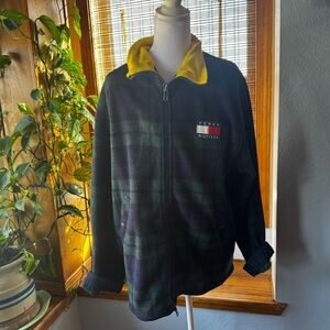VTG Tommy Hilfiger Medium Full Zip Fleece Jacket Tartan Plaid Green 90s Y2K